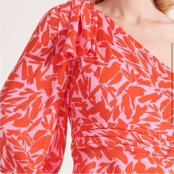 Veronica Beard Vida Poppy Top multi size 0 One-Shoulder Red Patterned Top - Picture 2 of 7